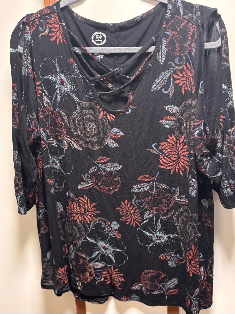 Maurices Black Floral Crisscross Neck Top